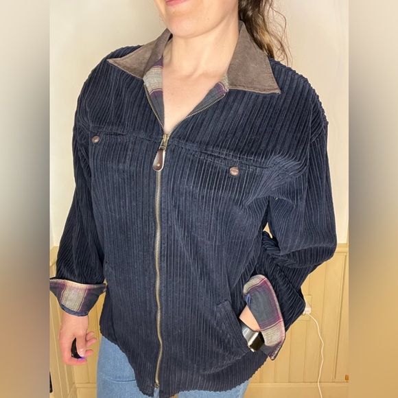 Denim & Co Vintage Corduroy Barn Coat Chore Jacket Navy Plaid Suede Collar Sz M - Picture 3 of 12